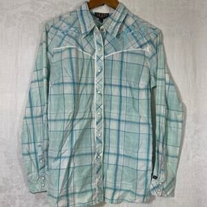Cowgirl Up Pearl Snap Large NEW Blue Plaid Embroidered Studded Western